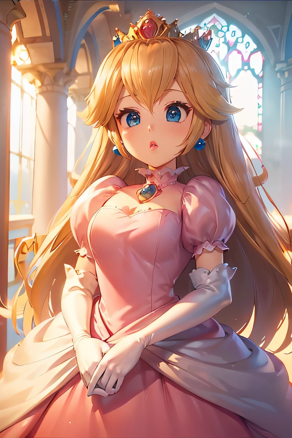 8k, high resolution, 最high resolution, masterpiece, Long Hair, 1 person, 1 woman, Princess Peach, Peach, No background, White background, Dynamic Background, Long Hair, bangs, Wavy Hair, Blonde, Blonde Hair, crown, tiara, Pearl Earrings, Earrings, Pearl Earrings, Pearl Pendant, Pearl Necklace, Long gloves, Long gloves, (Pink Dress:1.2), High heels, Big Breasts, valley, From above, looking at the camera, Cowboy Shot, Join hands, Embarrassed face