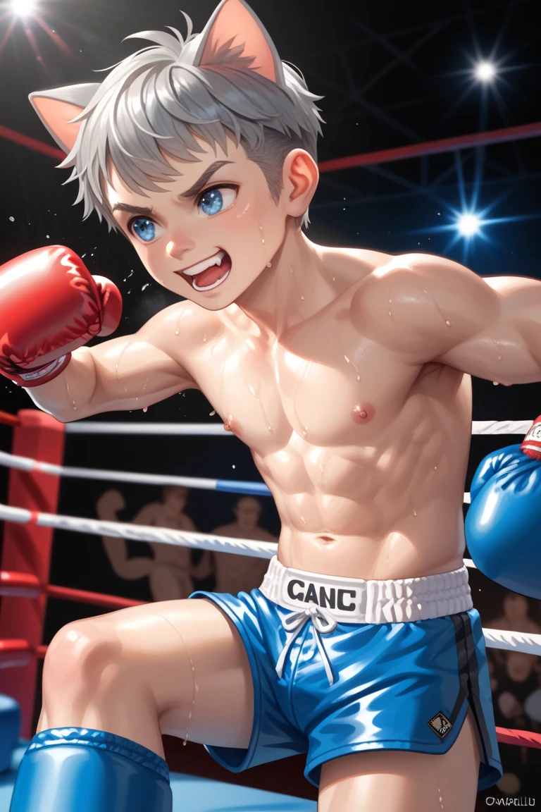 (in style of Takeshi Obata:1.3),
boxing posing, dynamic action, expressive action,boxing boy fullbody portrait,blue boxing gloves,(puffy eye sockets,bruising of the cheeks:1.8),boxing_shorts,