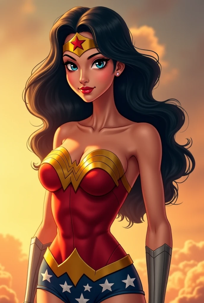 diana, blue eyes, long black hair, red lipstick, gold circlet, red star,  wonder woman leotard, looking at viewer, serious, smiling, teeth, upper body shot,  outside, city, street, rubble, overcast, high quality, masterpiece <lora:wonderwomanJL-10:.6>