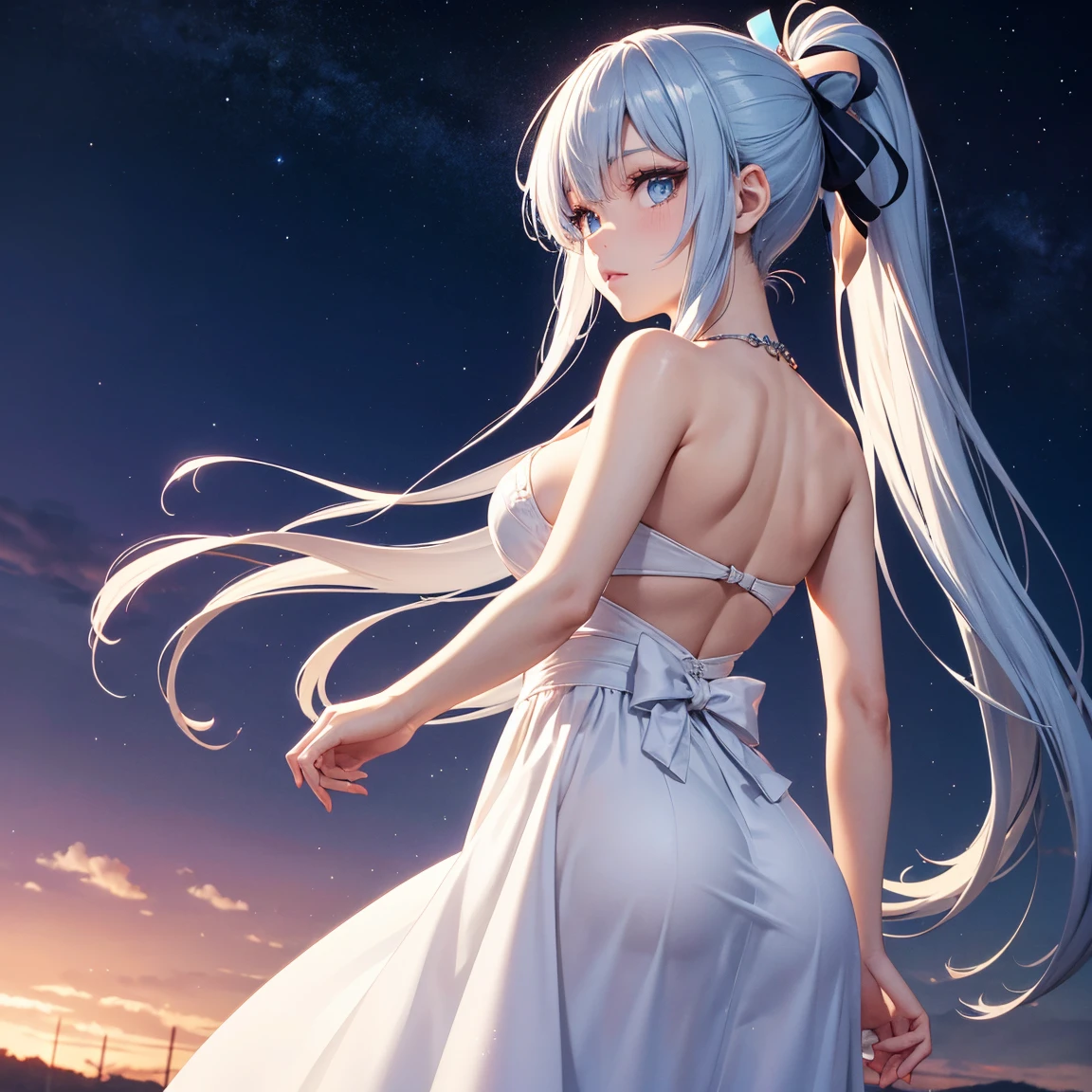 estilo zrpg, de_side de_below beautiful woman with voluminous white hair beautiful and voluptuous body white dress a hand touching her face (happy calm expression:1.2) sobre a escada exterior casa meia-noite luar luz de fundo (obra de arte:1.2) (Melhor qualidade) (detalhado) (intrincado) (8k) (HDR) (Papel de parede) (cold natural lighting) (sharp focus)
