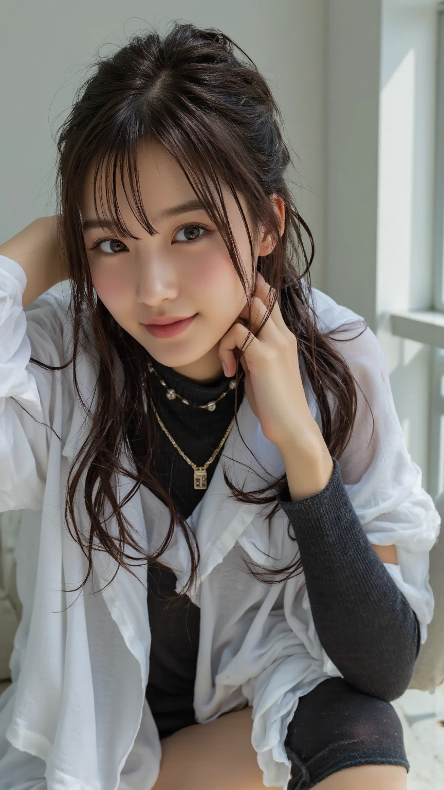 (((masterpiece、Highest quality、Very detailed、Artistic lighting balance that brings out the best in your model、Perfect Anatomy)))、(Surreal)、(Upper Body:1.5、high school girl、Great balance of facial placement)、(Highly detailed CG illustrations)、(Very delicate and beautiful)、Realistic quality、Realistic atmosphere、Realistic human texture、Realistic human touch、Realistic facial muscles、realism、Absolute rules、最高masterpieceのバランス、The most beautiful composition of a woman、Realistic creation and expression、