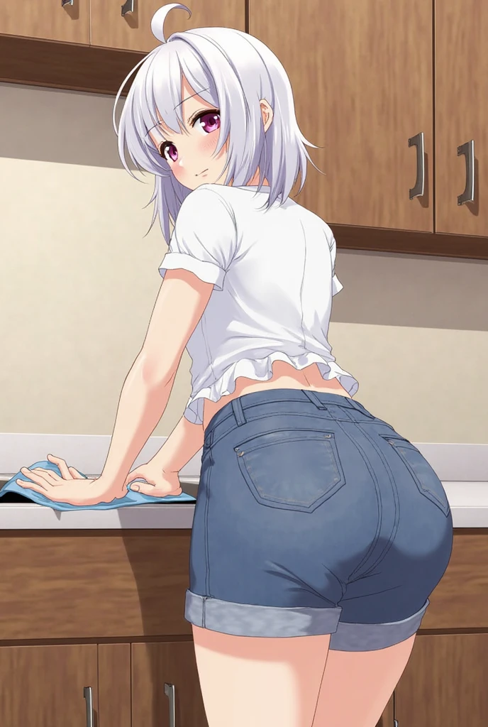 Young girl with grey hair, ((fringed and curly hair)),((curly short twintail)), curly hair ,(red eyes),, ((small bushy eyebrows)), wearing gothic lolita clothing, lolicon , walking to school, bored look, bored face,,  suddenly having sex in public, ((doggy style sex)), ((public sex in a restaurant)) naked ass in the male crotch, perfect anatomy, (young boy fucking her) close up view from below on her crotch, mons pubis in the foreground, very close up to her mons pubis, touching her clit, bubbling semen on her pussy