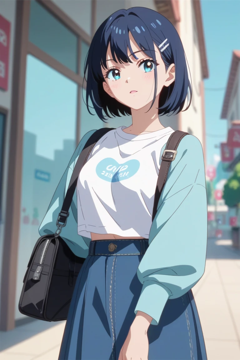 1 girl, solo, blue eyes, (detailed eyes), flat chest, short hair, black hair, upper body, gentle smile on her face, sitting up straight((masterpiece, illustration, best quality) A very detailed beautiful woman, Perfect face,Black Hair, bob cut,Bangs, Gray eyes, Top of crop, Short sleeve, crop top, Super detailed, Retro Wave, Cyberpunk, Sad atmosphere, night light through the window, night vibes, Room, 2d, (long shot), Old comics, (A lot of records:1.3), vinyl plastic record shop, (masterpiece, best quality, best quality, Official Art, beautiful and aesthetic: 1.2), Old anime texture, Solitary, Cyberpunk, vinyl plastic, night