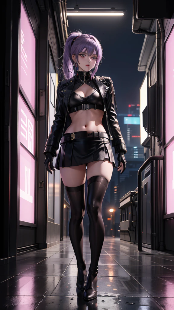 Anime-style photo of white-haired warrior in jacket standing in the middle of a neon flashing road, Holding a katana , Her katana glows in the dark. Masterpiece, 8K, HD, Anime style , Cyberpunk , She has tattoos all over her body, postapocalyptic, ultra - detailed, intricatedesign, hyper-high detail, Super resolution, ariel view, Combat posture, preparing to fight, Serious expression, Super detailed katana , Masterpiece , —chaos 45