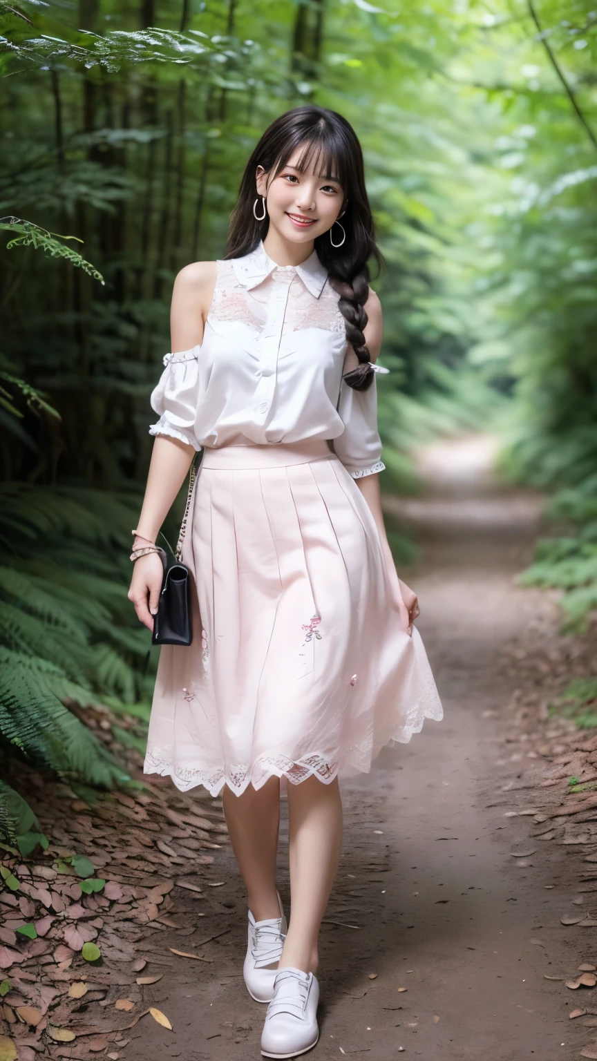 (((Japanese woman))),high school girl,(Long braided hairstyle:1.2),( hair color is white:1.3),(Clear brown eyes),light in eyes,(thigh),( white shoes :1.35),slender body,(((cute smile like an idol:1.35))),((draw the face accurately:1.4)),( accurately depict the fingers of the hand),((Precisely depict the toes:1.25),(Beautiful and big breasts:1.25),(Standing in the woods:1.5),(((Strong winds))),((RAW photo,greatest masterpiece,Best Quality,16k,ultra high definition,reality:1.5)),(detailed eyes and face:1.3),Professional Photography Techniques,(detailed hands:1.2),((beautiful hair fluttering in the wind:1.2)),((white blouse with lace embroidery on the collar:1.25)),((light pink skirt with lace embroidery on the hem:1.35)),(Ribbon on chest),(fluttering skirt:1.3),(take a full body shot:1.5),Simple Necklaces,Dangling Earrings,I have a thin bracelet on my left wrist,and a light pink shoulder bag on my shoulder