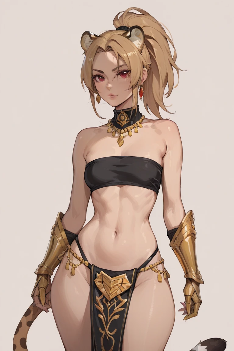 Two long thighs, yellow eyes, blonde hair, short hair, large breasts, detached sleeves, very white background, royal tiara, long cape, yellow tiger bikini, high heels, hands on hips. red tattoo on belly navel, full body female MILF BIMBO, lustful smirking smile face (red blush), metal shoulders, golden bracers sleeveless, black choker sex slave
