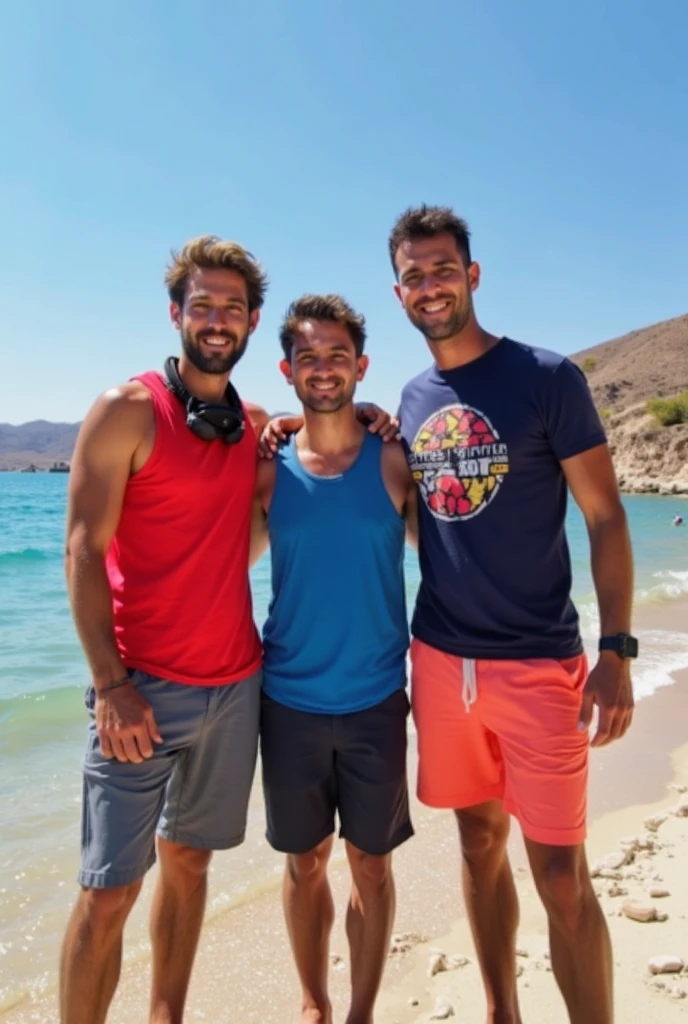 Two young beautiful tall skinny white man on the beach with coconut in hand wearing pink boxer shorts and rainbow winged flamingo