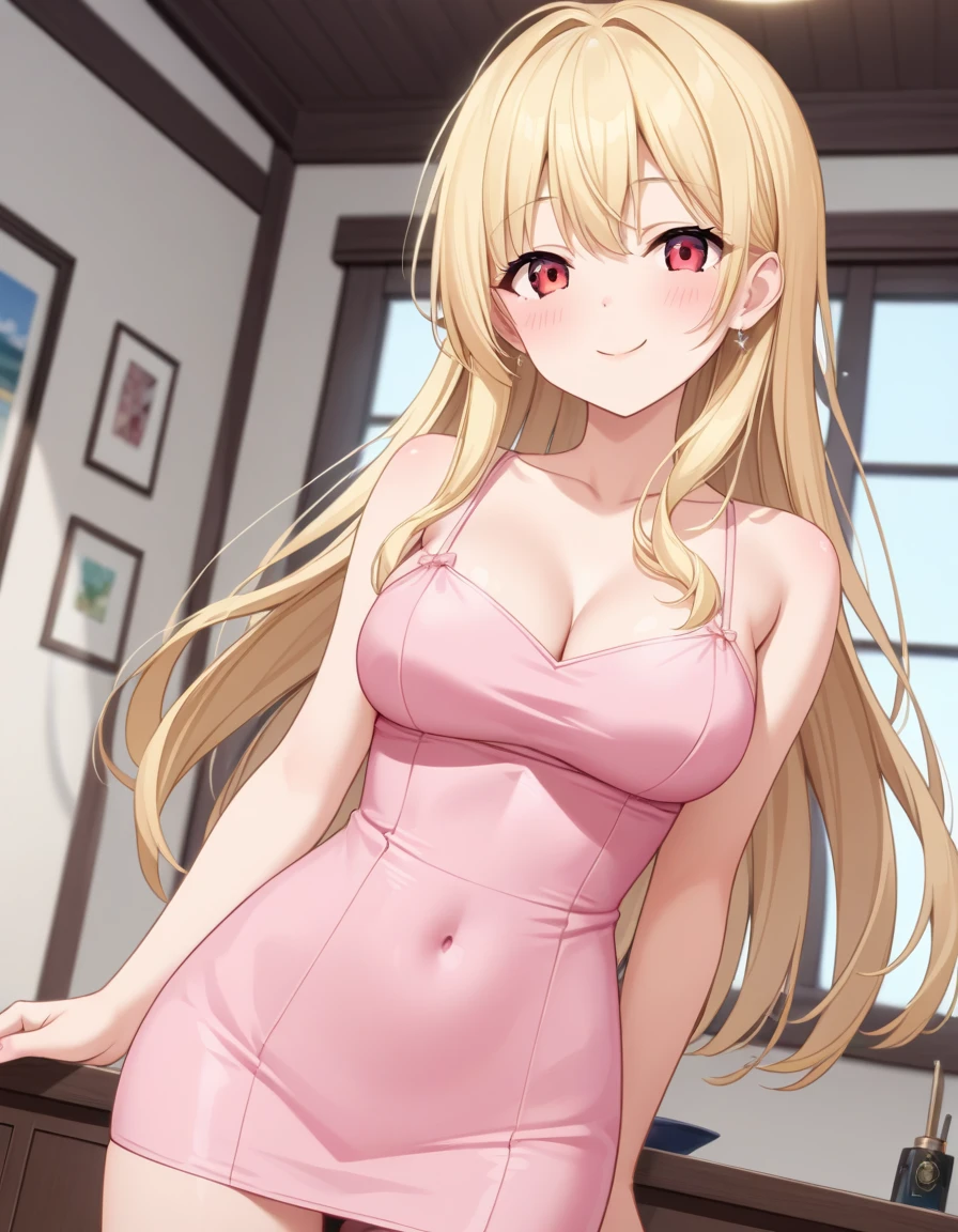 Score_9, score_8_up, score_7_up, source_anime, 1girl, solo, bbw, indoors, pale, mature female, milf, pussy, dress, wearing dress, green eyes, blonde hair