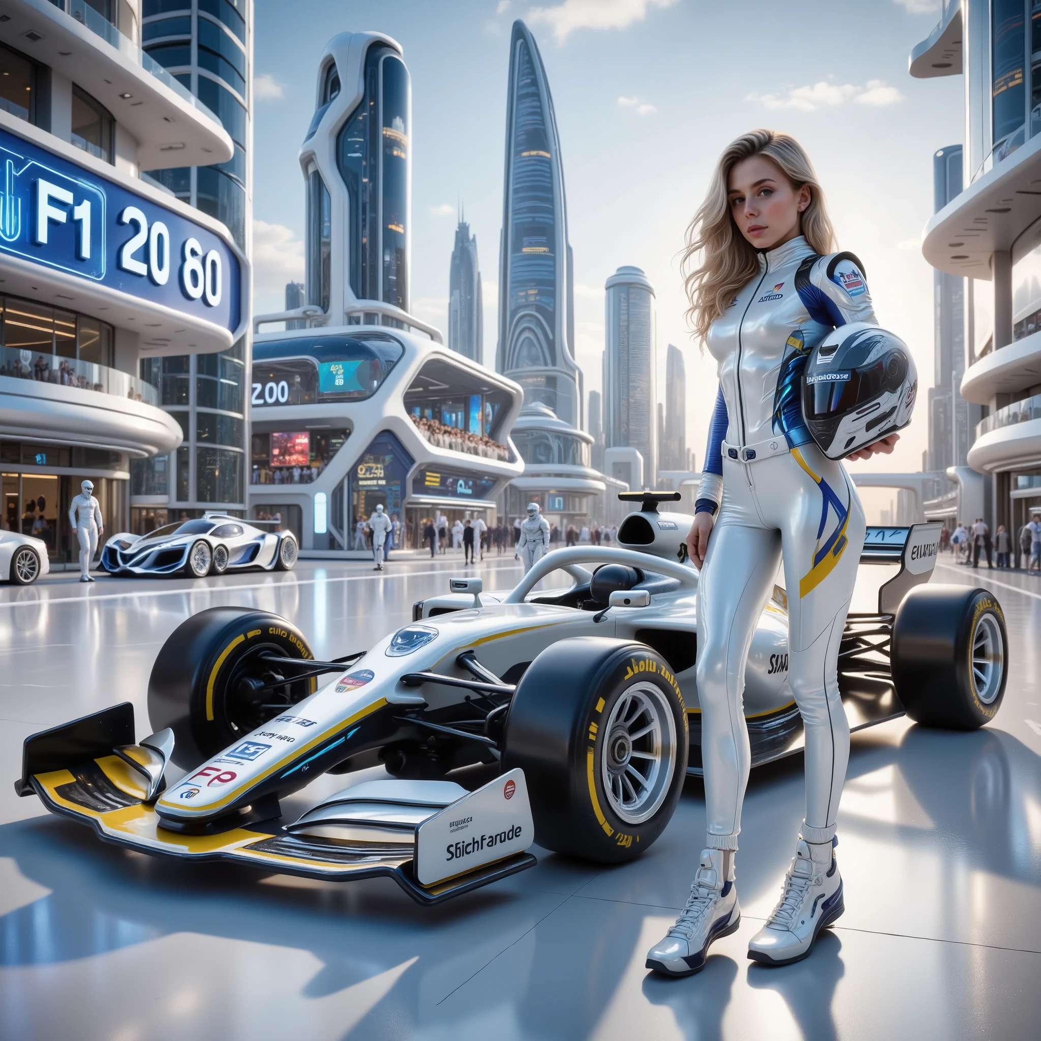 Futuristic F1 racing car, white, yellow and blue shiny body, futuristic appearance, a female racer in a futuristic white and blue tight racing suit is leaning on the side of the car body, she is about 20 years old, long-haired blonde, she is smiling and holding a futuristic white and blue racing helmet in her other hand, bright day, bright cheerful atmosphere, futuristic high-tech city of the future, in the background on the screen you can see a large inscription "F1 2060", other racers are visible in the distance in the background.