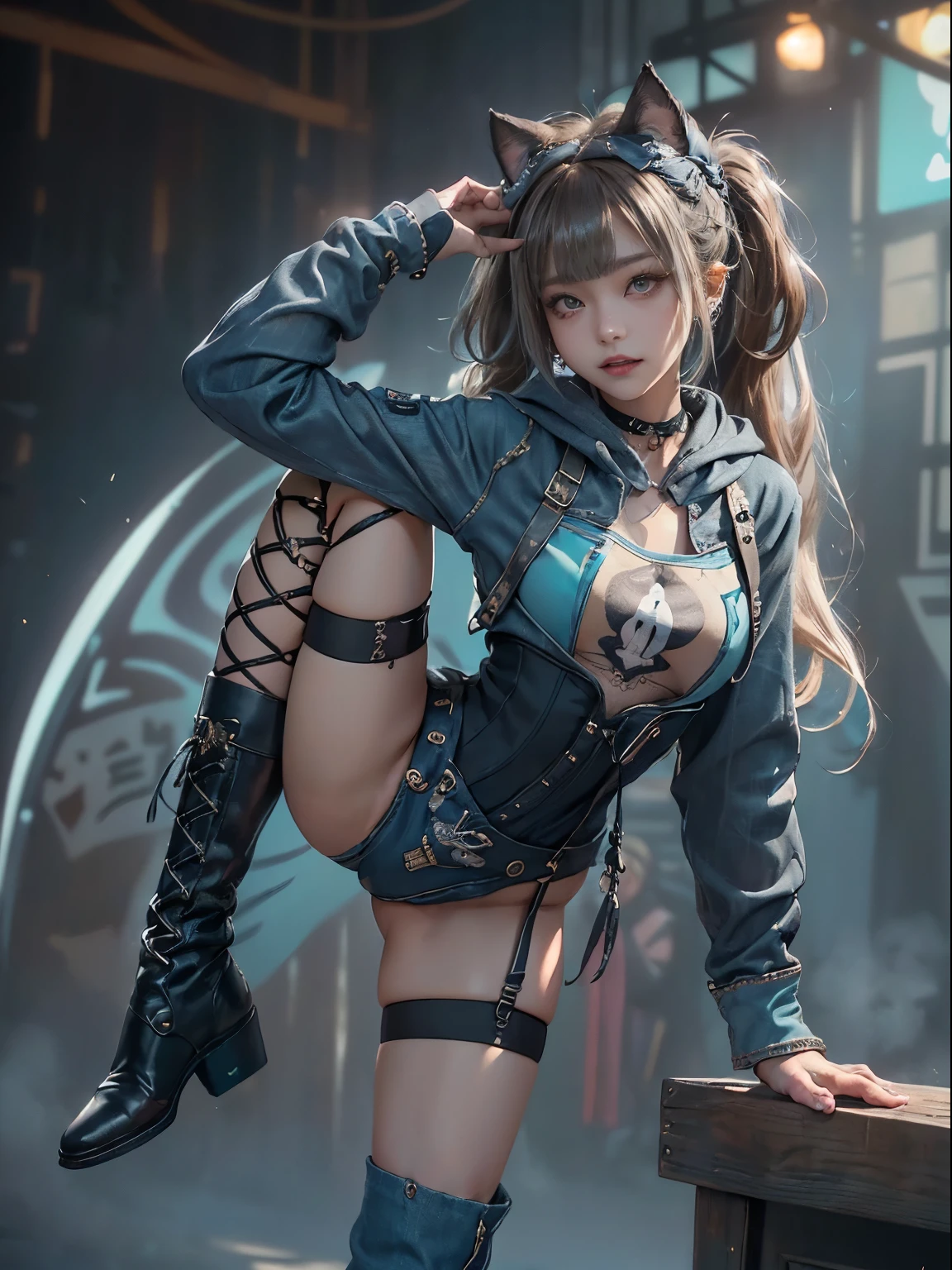 (Full Body View:1.3)、(Back view:1.4)、(Swing it over your shoulder:1.3)、(美しいButtを出す:1.3)、(Smiling with teeth showing:1.3),(Shibuya Gal:1.5)、(Costume of the hostess:1.4)、(Neo-goth fashion:1.4)、(Punk RockVisual Kei:1.4)、(A modern short jacket in khaki, turquoise and dark navy.:1.5)、(Tattered brown, charcoal and navy denim bodysuit:1.5)、(Mustard Yellow Headband:1.3)、(Charcoal and khaki striped knee socks:1.4)、collar、White long boots、(We sell patterned underwear with logos.:1.4)、20-year-old、NSFW,((Highest quality、In 8K、masterpiece:1.3))、Sharp focus:1.2、(Layered Cut、Huge boobs:1.1),Beautiful woman with perfect figure:1.4、(Doing an aerobics pose:1.3)、(Open legs:1.3)、(Raise your arms:1.2)、(Open your crotch:1.3)、Slender Abs:1.2、Butt、Highly detailed face and skin texture、Detailed eyes、double eyelid,(Twin tails:1.3)、(Dark grey hair:1.3)、Dynamic Pose、Obscene pose、Humiliating pose、Gravure idol、(A gorgeous sunny fashion show stage:1.3)、(Make your legs thinner:1.4)、(Slim body:1.3)、(clavicle:1.1)