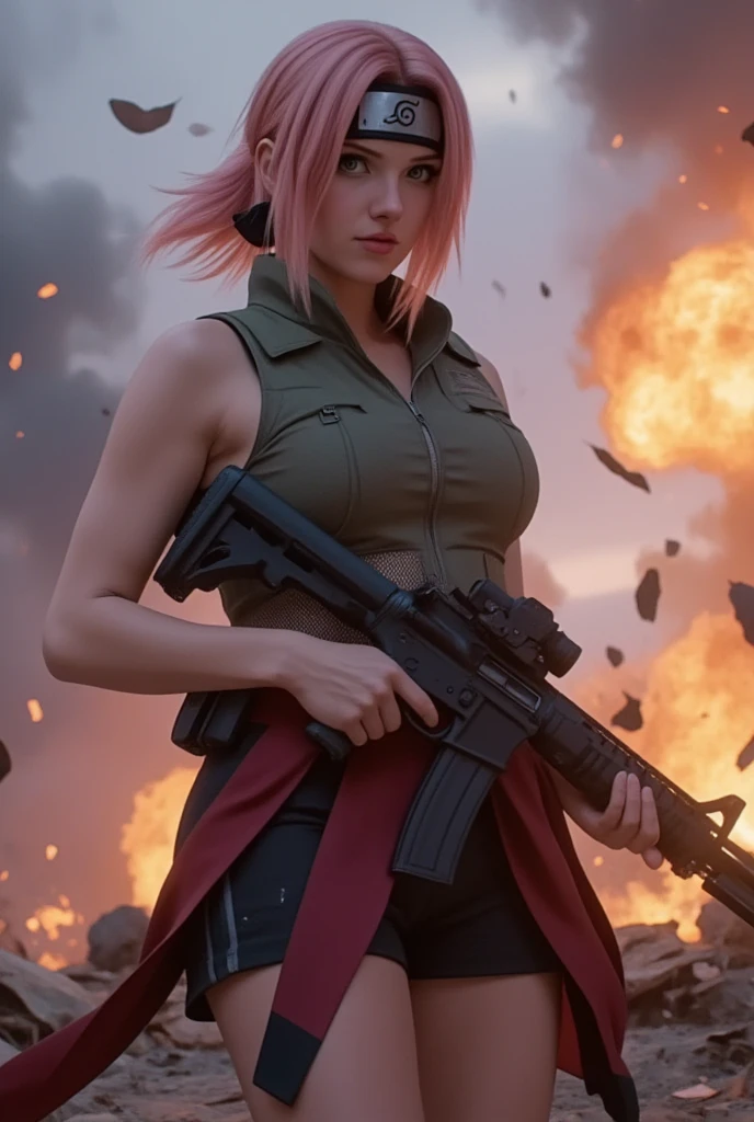 Asian girl, soldier, pubg, pink hair, bangs, long hair, weapon, sexy, big breasts, outdoor, selfie, solo,1person, war, fire, forest