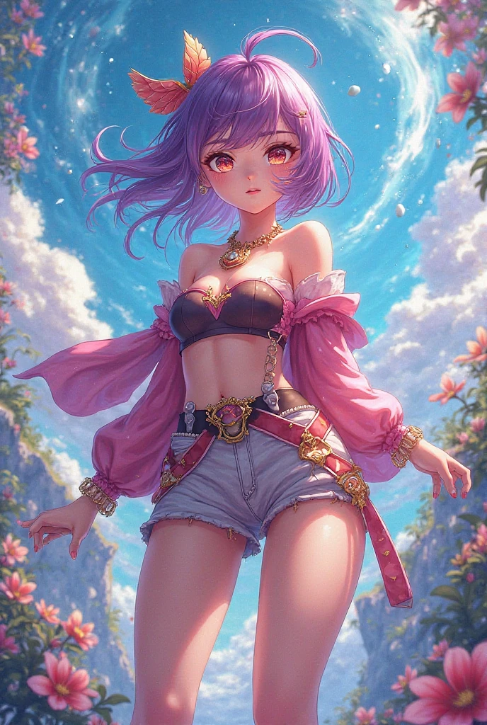 masterpiece, best quality, 1 solo girl, pink hair, blue eyes, short hair, medium breasts, sexy body and face, wavy hair, smile, sleeveless shirt, scarf, black thigh-high, mini skirt, pendant, bracelet, jewelry, earrings, feather hair ornament, book, lying at the bed, night, sexy pose, cowboy shots, detailed body, face, and eyes, sharp focus, vibrant, creative, dynamic, high definition, high resolution, 8k, (Upscale: R-ESRGAN 4x+ Anime6mage enchance:4x), voluptuous body, cinema lightning, dakimakura style, looking at the viewer, multicolored hair
