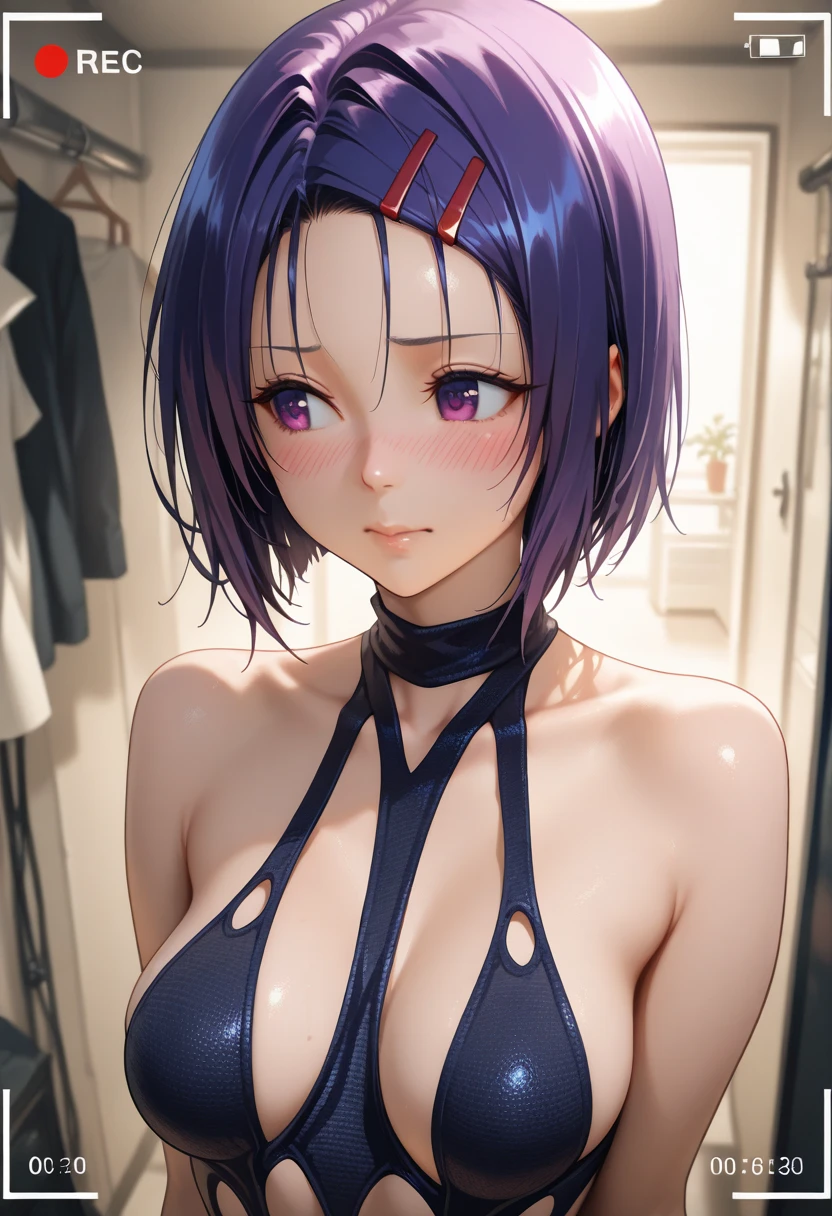 nsfw, (nsfw:1.5), arms behind head, armpits, ((breasts showing)), masterpiece, best quality, 1girl, solo, (purple eyes:1.1), purple hair, (symbol-shaped pupils:1.5), vibrant short hair, bobhair, short-hair, short bob hair, (((bobcut))), bob haircut, very short bob cut, lip length hair, blunt ends, (sliced_bob), buzzed nape ((haircut:1.3)), undercut, bobbed hair, minibob, sidecut, shaved, graduation bob, straight short hair, short hair above the ears, Shot diagonally from the side, looking at viewer, elegant braid, masterpiece, best quality, 1girl, medium breasts, wall, graffiti, smile, sleeveless, armpits