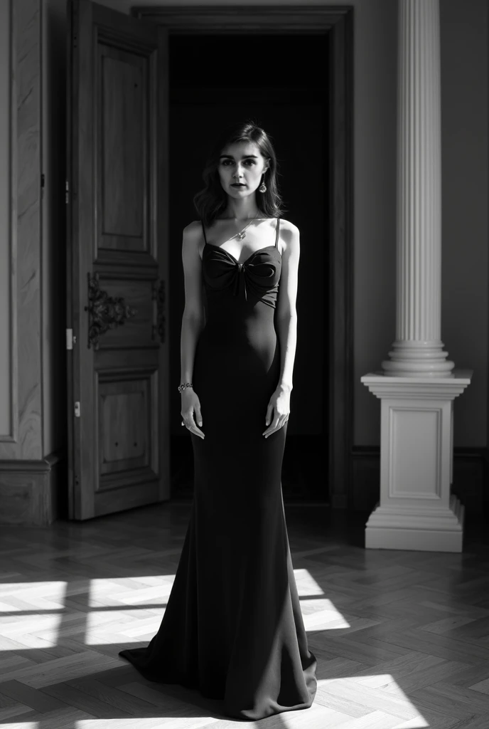 1920s femme fatale, elegantly dressed in a sleek, black, floor-length gown with a plunging neckline and intricate beading, short wavy bobbed hair with a finger wave, bold dark red lipstick, exuding danger and seduction, retro fashion photography, ???? film lighting, cinematic composition, high contrast, soft-focus background, textured fabric detail, shadow play, carefully staged composition, low-angle-shot
