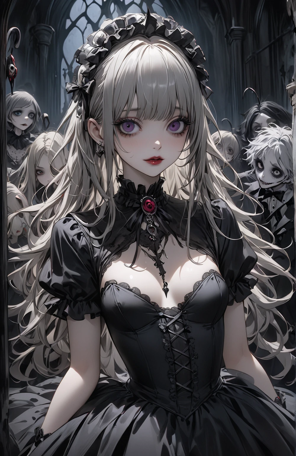 Delicate features,gothic ribbon headband , Eyelids wide open, The trend is all,Crazy Smile, Open your mouth wide, 口を開けてteethをむき出しにする,獣のような鋭いteeth, Wide lips, very wide mouth, Vermilion cheeks, Blonde, Princess Cut, Ribbon hair ornament, brooch, Shiny candy blue dress, Gold embroidery,ta Style, Gothic style, Facing the audience, Otaku Room, Well-built body, Nice body, Ample breasts, Thick body,Eyes Wide Open、Scary atmosphere、Distorted facial expressions、ねじれた笑face、Bloodstained、bleeding from the head,、Blood splatter、whole body、Long Hair、Long bangs、(((Dark circles under the eyes)))、Pale skin、Feeling unwell、Pathological、邪悪な笑face、Crazy Eyes、(Grin)Dramatic makeup,Create mixed media art,Well-built,Nice body,Broad shoulders,I focus,(face),Messy Hair,Yellow Eyes,(Glowing Eyes),(Blood splatter:1.6),Red light,笑face,big 笑face,teeth,psycho 笑face,gesugao,Dark city background,darkness,night,(close),Good Eyes, 良いteeth,サディスティックな笑face,,all,Shiny skin,詳細なface,Beautiful body,whole body油まみれで光沢感がある whole bodyから湯気が出ている Steam like a sauna room fills the screen.. White breath from the mouth Luxurious lace long gloves