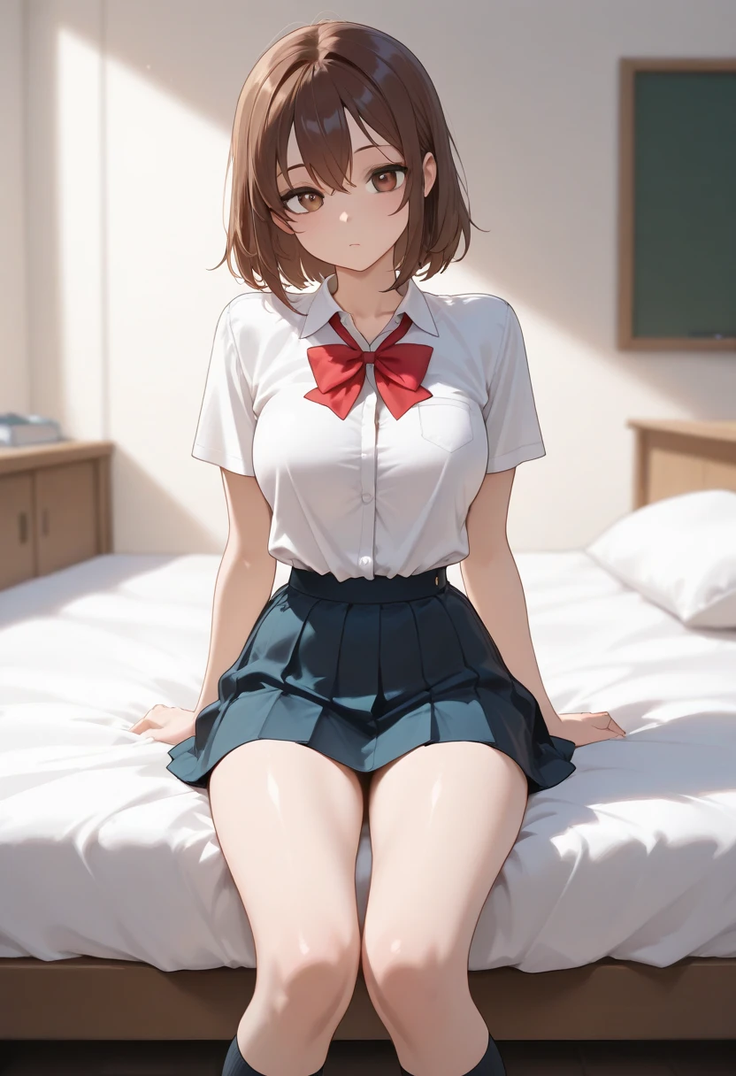 takeda hiromitsu style,(((masterpiece, highest quality:1.3,absurdres))),nsfw,cowboy shot,20 year old beauty,solo,((very small head)),short bob hair,bangs,dark brown hair,brown eyes,shy,medium breasts,((very long body)),((slender body)),skinny,gleaming skin,shiny skin,sweat, ,(White long sleeve shirt、Red tie、Red checkered pleated mini skirt),sitting,Simple bed、Simple bedroom、Indirect lighting light、at night、