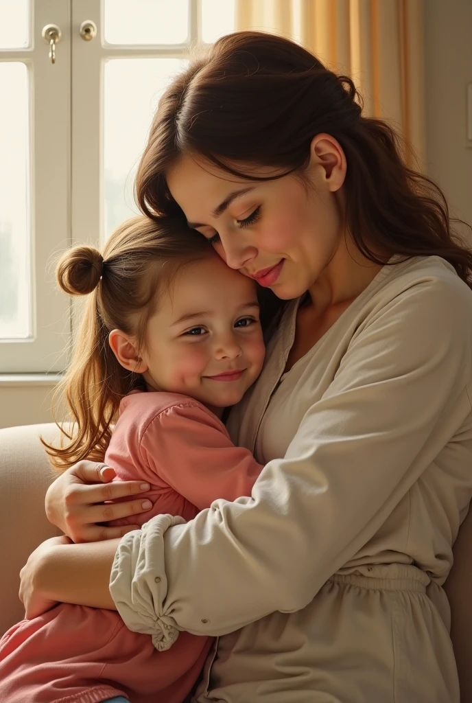 A mom hugging her , volumetric light, realistic