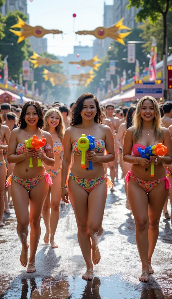 (Top Quality, 8k), A Group of Cute asian girls, Beautiful Faces, fair and Silky Skin, Slender Figures, Participating in a vibrant nude Marathon Festival on the Sandy Beaches of Pattaya, Thailand, fully nude, Bathed in Soft Natural Light, Captured in Raw Photography for Unmatched Detail and Realism, running, happy expressions, dynamic photo, various faces, various body shapes, various breast size, various hairstyles, sunset lighting, colourful accessories