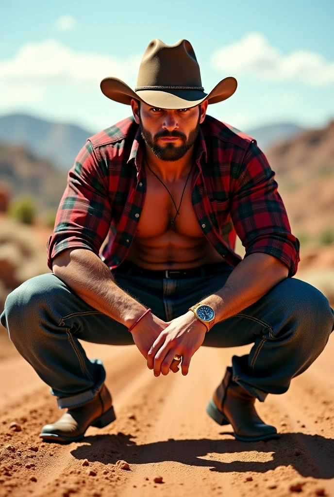 Shirtless cowboy with hat, head down and ripped abs