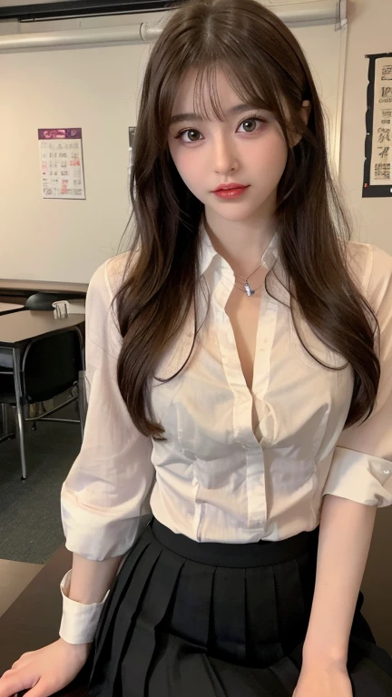 8K RAW photos,A high resolution,very Bigger breasts,Very tight breasts,chest circumference,bossy pose,sulky look,Nice bright blonde hair,校服,ribbons,The shirt,a skirt,School Classroom,sittinng on the desk,beautiful thigh,beautiful girl at 16 years old,with a round face,a baby face,Very small lips,Beautiful face in every detail,long eyelasher,beautiful double eyelid, Three white eyes,duck mouth,bluntbangs,耳Nipple Ring,choker necklace,(Expose cleavage),mediuml breasts