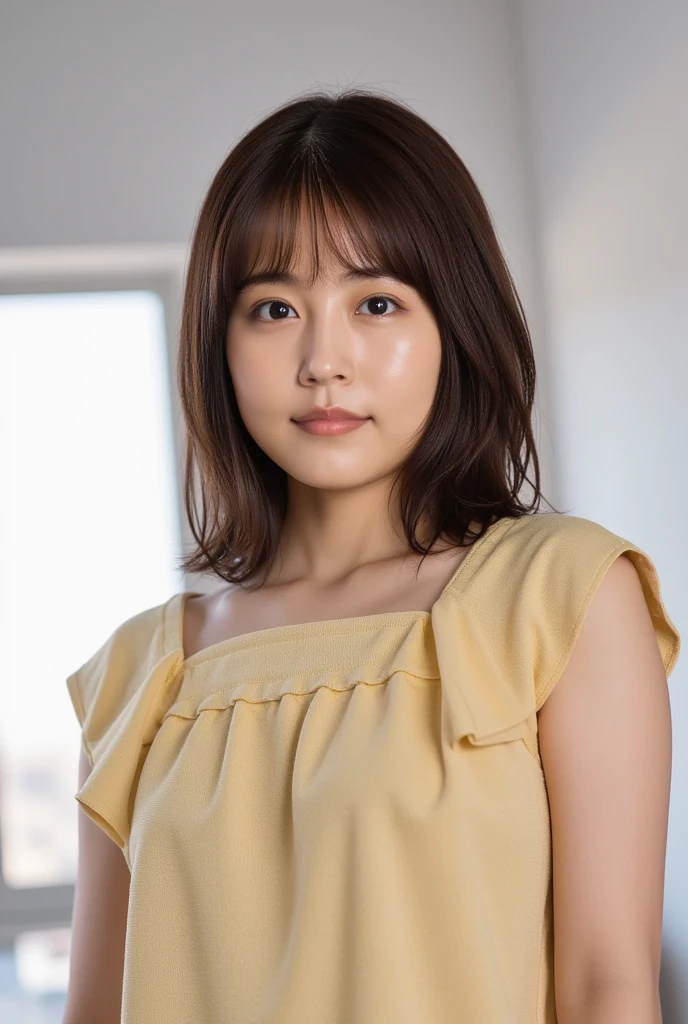 (the Extremely Detailed CG Unity 8K Wallpapers,masutepiece, Best Quality, Ultra-detailed), Gray background, 40-year-old female living in Japan, large full breasts, dark brown hair、poneyTail, 40-year-old female nursery teacher, Light on Face, Looking at the camera, The woman I admire, 40 year old beautiful woman working in nursery school