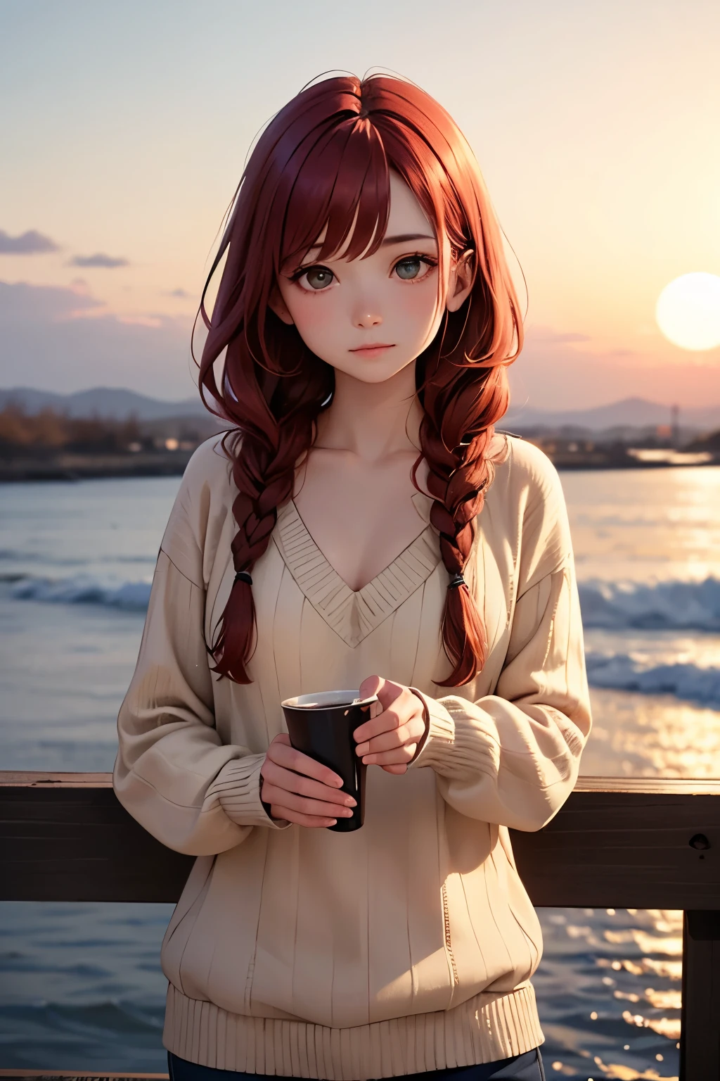 The image features a person with long, red hair styled in two braids. They are wearing a cozy, cream-colored, ribbed sweater with a V-neck. The background is a warm, pastel-colored gradient, possibly representing a sunset or sunrise, creating a calm and serene atmosphere. The lighting is soft and evenly distributed, casting no harsh shadows, which complements the warm tones of the scene.