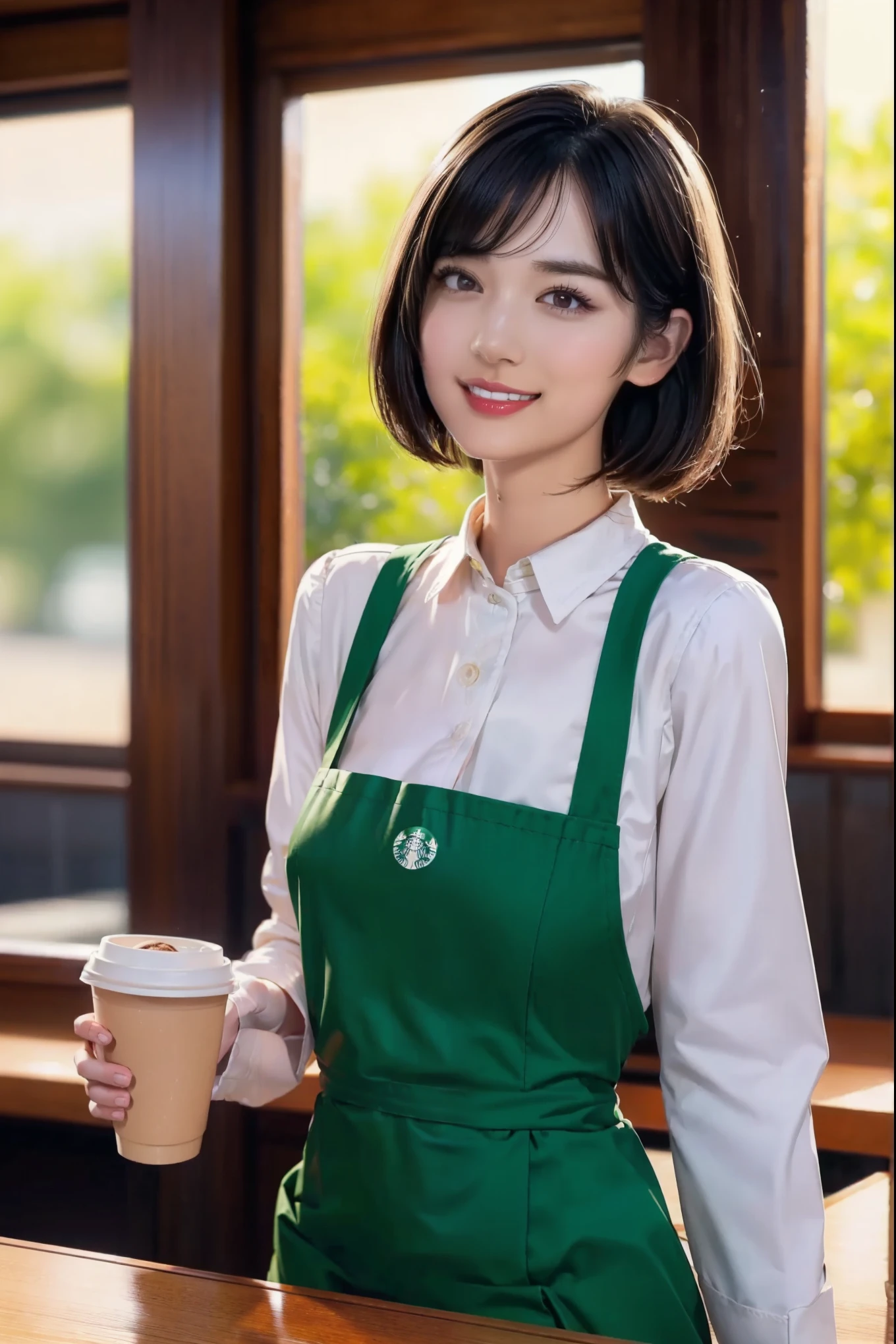 8k, RAW photo, Highest quality, masterpiece, realistic, photo-realistic, clear , professional lighting, beautiful face, Highest quality, super high resolution,
break、 (one girl :1.5,solo:1.5)、Japanese girl、22 years old、 (short bob:1.5)、(blunt bangs、see-through bangs)、smooth hair、hair-styling with hair oil、 straight hair :1.5、break、 Makeup Faces 、pink cheek 、shy、slightly red lips 、(light eyebrow:1.5) 、(troubled eyebrows)、roundish almond eyes:1.5、dark eyes、double、 (mole on her right cheek 、 mole under mouth)、 double teeth、happy smile、wearing a green apron and a white shirt、long-sleeved white shirt、 she has paper cup、the cup is tall size Starbucks coffee cup、Starbucks crew、Inside Starbucks