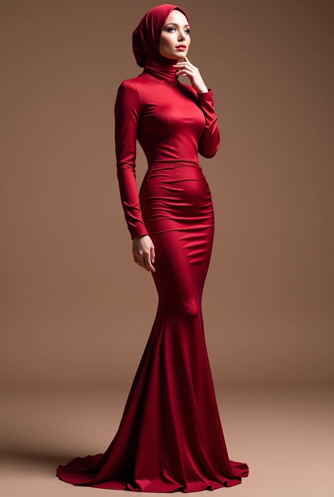 Asian woman in red satin long gown, wear modern hijab, mermaid-style, fabric clings tightly, immobile, full-body encapsulation, entirety of fabric about 7 meters in length trailing dramatically, overlong satin train, extreme detail on the texture of the satin, highlighting its reflective quality, cinched at the ankle, sexy pose outdoor, dramatic lighting, ultra realistic, high-resolution photography.