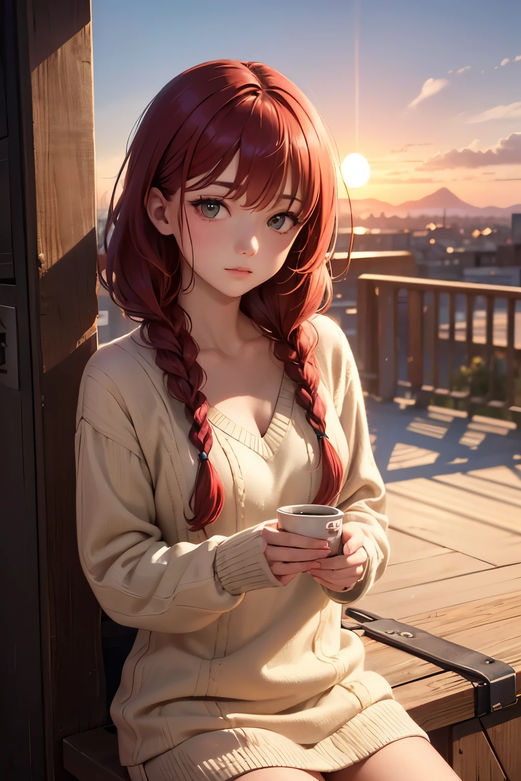 The image features a person with long, red hair styled in two braids. They are wearing a cozy, cream-colored, ribbed sweater with a V-neck. The background is a warm, pastel-colored gradient, possibly representing a sunset or sunrise, creating a calm and serene atmosphere. The lighting is soft and evenly distributed, casting no harsh shadows, which complements the warm tones of the scene.
