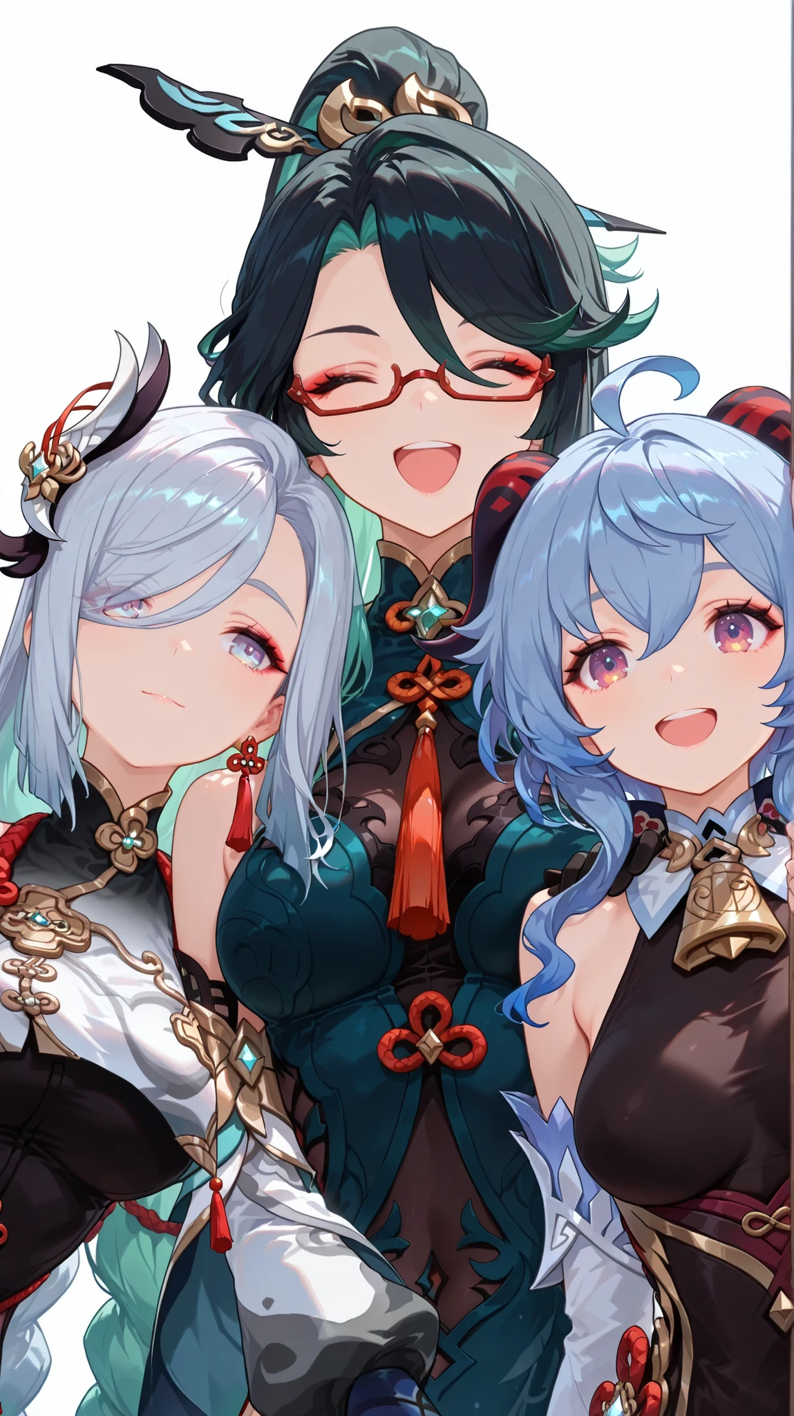masterpiece, top quality, best quality, official art, beautiful and aesthetic:1.2),(8k, best quality, masterpiece:1.2), (((masterpiece))),(((best quality))),(((extremely detailed))), illustration, who, (masterpiece, top quality, best quality, official art, beautiful and aesthetic:1.2),(8k, best quality, masterpiece:1.2), xianyun gi,under-rim eyewear,ponytail,hair ornament,long hair,black hair, ganyu, blue hair, goat horns, horns, long hair, purple eyes, sidelocks, shenhe, blue eyes, braided ponytail, earrings, eyelashes, eyeliner, eyes visible through hair, eyeshadow, hair between eyes, makeup, red eyeshadow, sidelocks, single earring, symbol-shaped pupils, tassel, tassel earrings, white hair, long hair, 3girls, multiple girls, red-framed eyewear, official alternate costume, blue hair, glasses, horns, dress, long hair, purple eyes, black dress, gloves, open mouth, white hair, green hair, multicolored hair, semi-rimless eyewear, closed eyes, sleeveless, colored inner hair, black gloves, bare shoulders, detached sleeves, sleeveless dress, smile, looking at viewer, ahoge, hair ornament, hair over one eye, hand on another's shoulder, very long hair, long sleeves, goat horns, blue eyes, black hair, white background