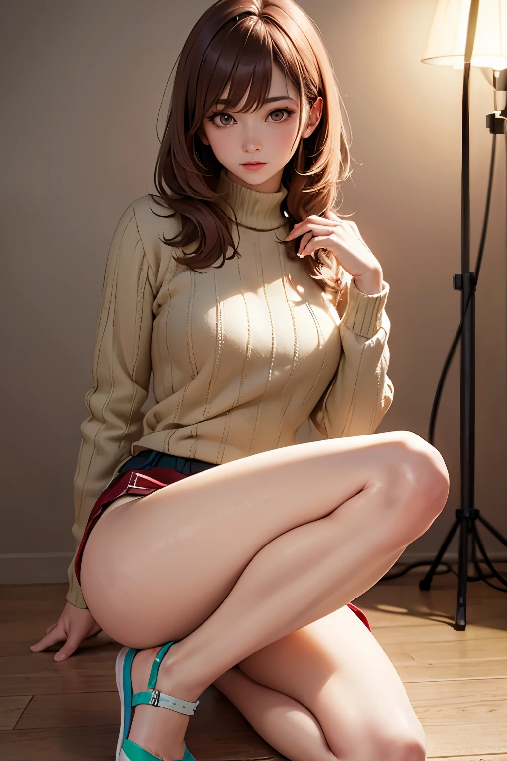 red brown hair, length waist dance half pack style, hazelnut eyes, center brown outline green, Height 153 cm , 27 years old, Shoe size 235,1 shy and shy cute girl, high resolution, simple background,cozy, subtle, Realistic, professional-grade,HDR,UHD,studio lighting,ultra high definition,포토Realistic,extreme detail,clear focus,Vivid Colors,Soft bokeh