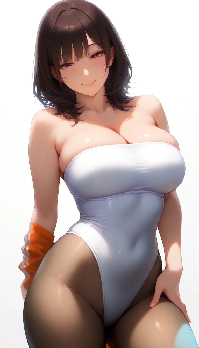 front shot, 1girl, kawaii, (super big breasts, micro waist, very long legs:1.4), Black hair, short bob hair, short height, scrawny and thin body, cute big eyes, cute beautiful thin face, cute smile, visible ribs