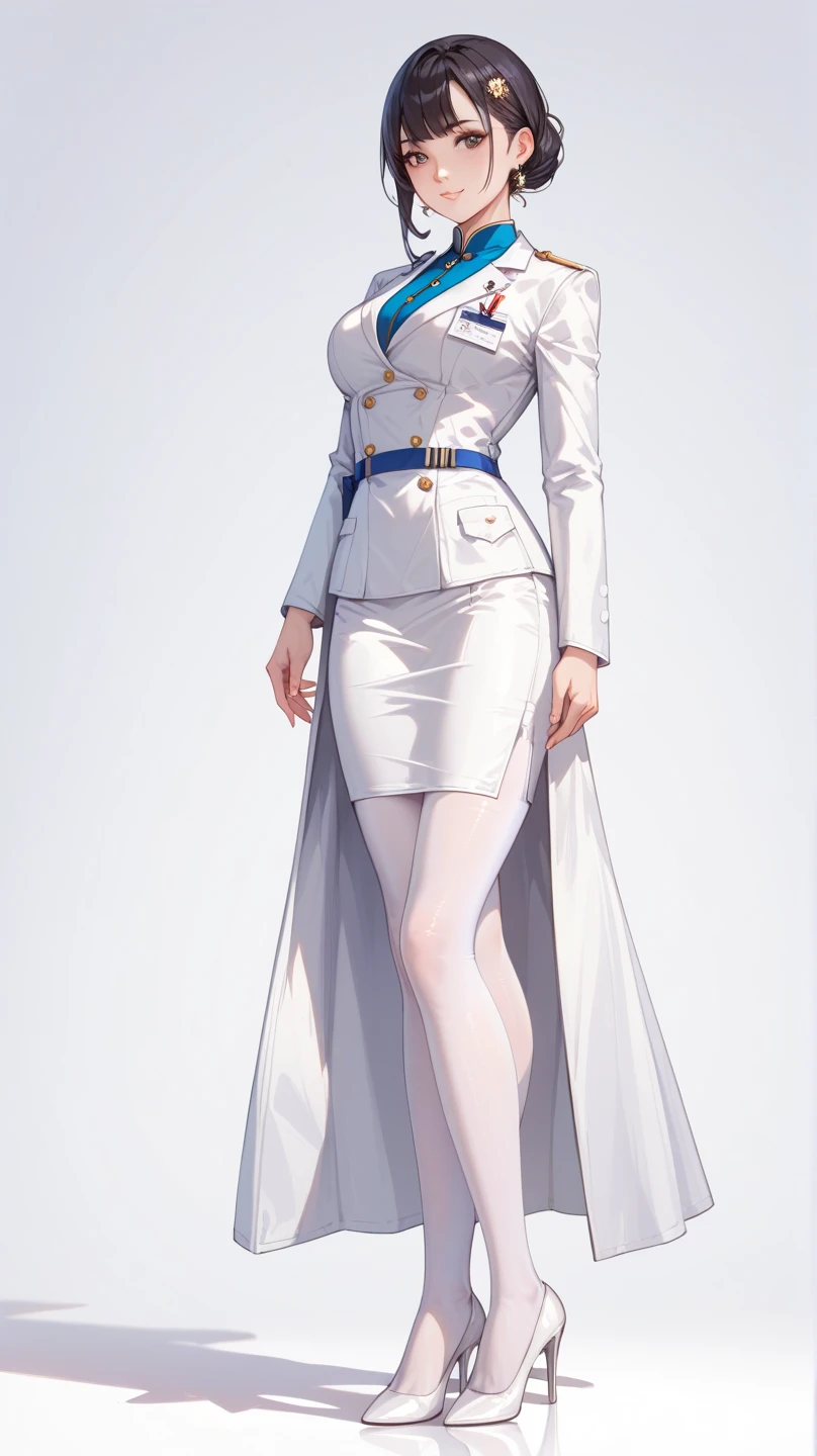 ((masterpiece,best quality,8K,high resolution)),((character concept art)), 1 female, noble, Old money atmosphere, supermodel, fashion model, 35 years old, (long blonde hair), blonde hair, (fair complexion), Ultra-fine eyes (blue eye color), extraordinary gorgeous, grace, charming, clever, calm, Perfect body ((Slim and curvaceous)), ((intricate details)), Super delicate hand details, super fine fingers(((Ten fingers))), Wearing a white blazer、White shirt and white pants  (stand still), (full body display), ((Show the whole body)), (No logos on background), (No logo), ((solid color background)), ((solid color background)), (((empty background)))