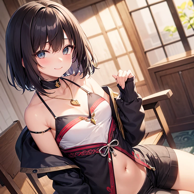 Megumin ,solo 1girl , anime , masterpiece , Black color hair ,red eyes , jaqueta aberta open clothes ,flat chest ,bra, pantie , long socks, smug face arrogante ,blush .