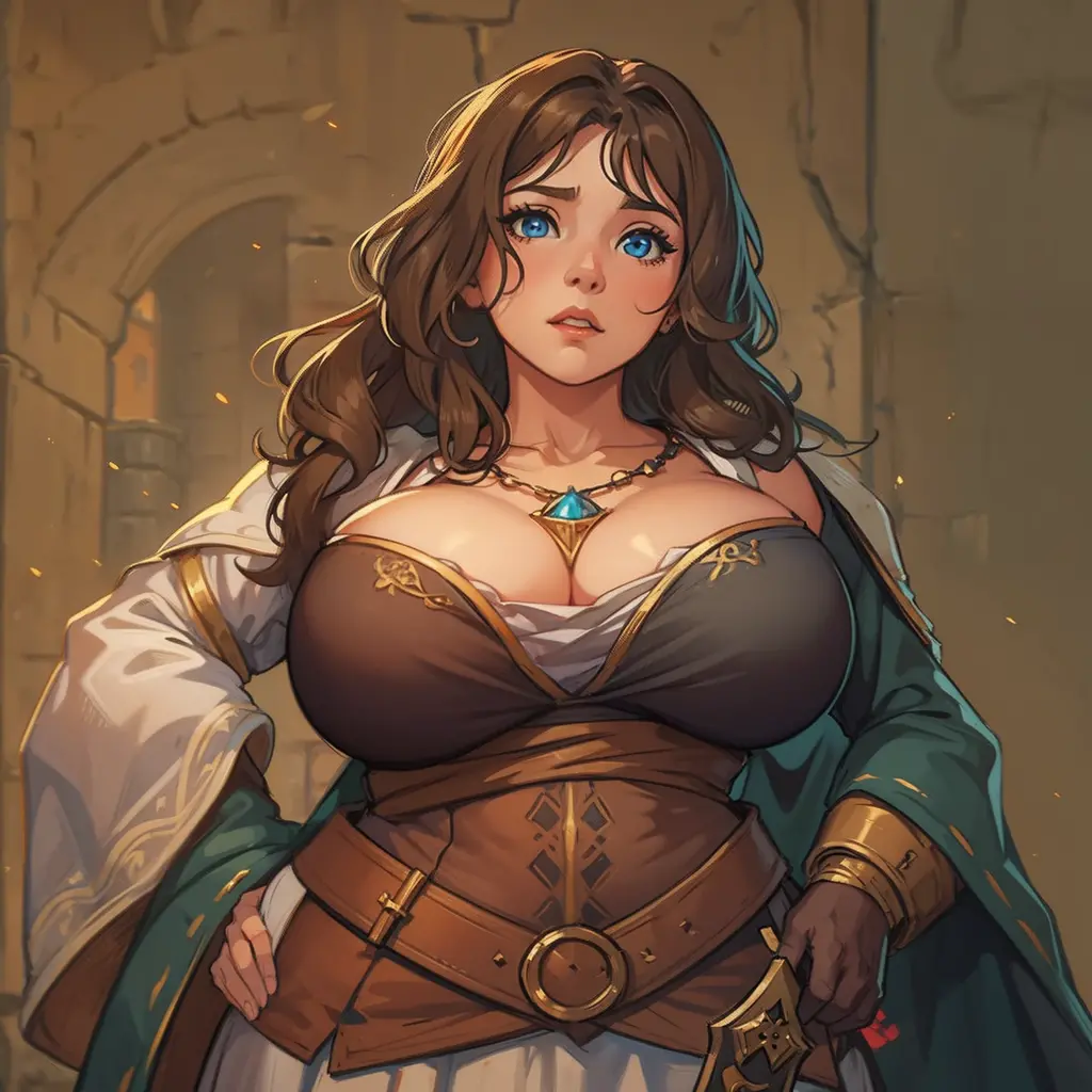 (masterpiece, Highest quality:1.2), (Realistic), young woman, (Huge breasts:1.5), (bursting breasts:1.3), Detailed face, Beautiful Face, thin, thin, Adventurer, (Shocked expression:1.3), Shocked, (Glowing amulet necklace:1.2)