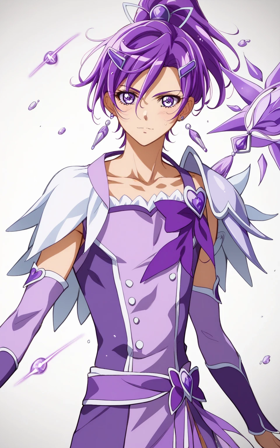 score 9 、score 8 up、score 7 up、source anime、masterpiece、Best Quality、high resolution、anime coloring、1boy、cure sword、(male:1.olo、boy in purple dressの漫画の画像、Boy with short purple hair、 With Sparkling Purple Eyes 、high short ponytail hair、spade shape hair ornament、solo、 Prince of Amethysts 、 purple miniskirt、collarbone、white shoulder pads、 purple arm warmers、purple detached sleeves、purple waist bow、bare thighs、 purple thigh-high boots 、collarbone、Anime Prince 、 MLP fan art 、 official character art、style of Magic Boy、masculinization、Magic Boy、 Official Fanart、 !!full body portrait!!、Magic Boyのスタイル、 hymn to the king as prince 、Detailed Fanart、man wearing cure sword outfit、 magical aura、high resolution、 commission for high resolution、 wallpaper!、boy in purple dress、 boy in purple boots、素敵なドレスを着た Anime Boy 、(manly:1.6)、Official Art、 Anime Boy 、 male focus、looking at viewer、solo focus、cowboy shot、(male body:1.6)、