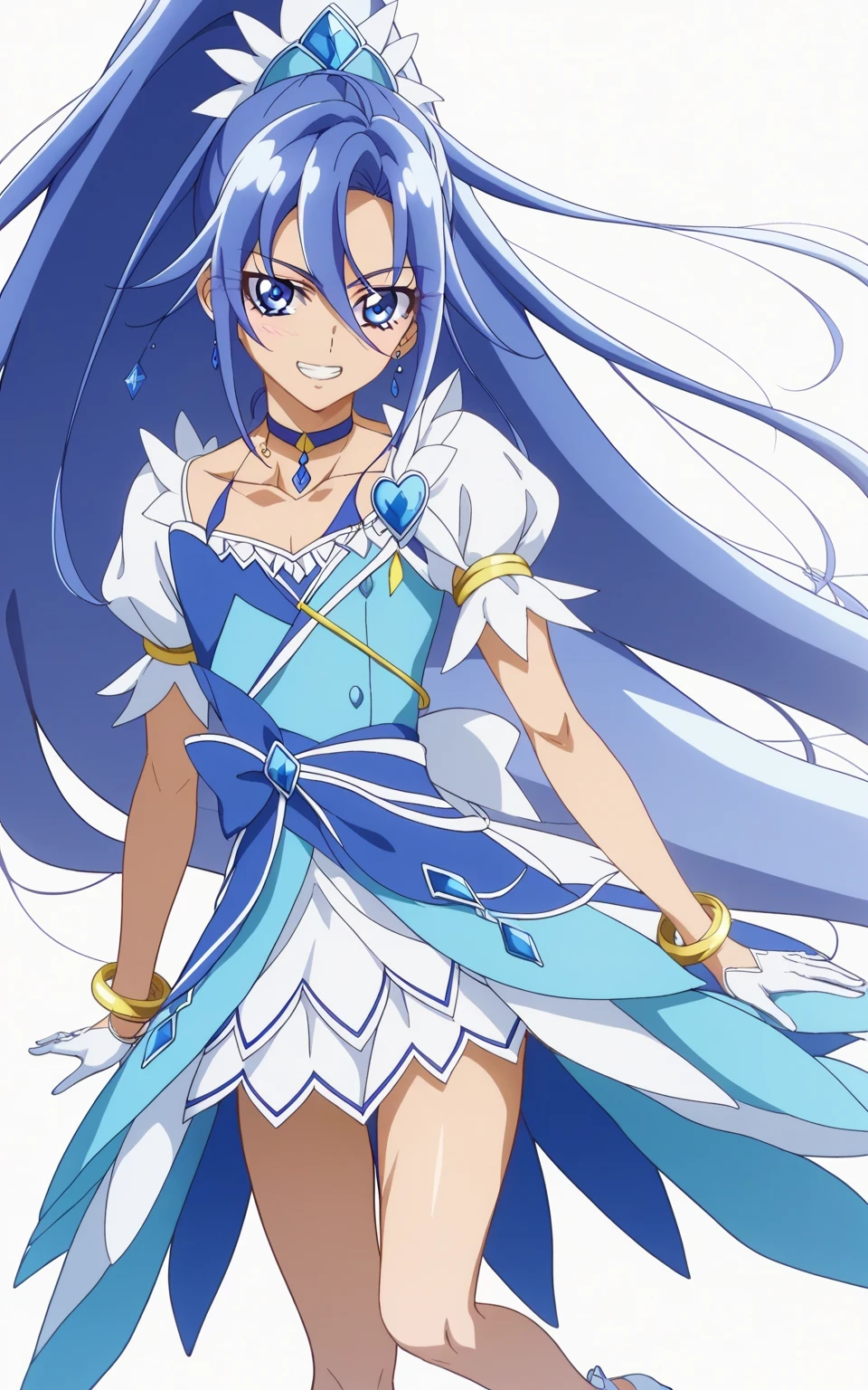 score 9 、score 8 up、score 7 up、source anime、masterpiece、Best Quality、high resolution、anime coloring、1boy、cure diamond、(male:1.olo、Close up of a cartoon boy in a blue dress、 Boy with long blue hair、 With Shining Blue Eyes 、high long ponytail hair、dia shape hair ornament、solo、 Prince of Sapphire 、Anime Prince 、 blue miniskirt、collarbone、white puffy sleeves、white gloves、yellow bracelet 、blue waist bow、Bare legs、bare thighs、white high heels、collarbone、official character art、style of Magic Boy、masculinization、Magic Boy、 Official Fanart、 !!full body portrait!!、 Magic Boyのスタイル、 hymn to the king as prince 、 MLP fan art 、man wearing cure diamond outfit、Detailed Fanart、 magical aura、 high resolution、 commission for high resolution 壁紙!、Boy in a blue dress、white high heelsを履いた男の子、素敵なドレスを着た Anime Boy 、(manly:1.6)、Official Art、 Anime Boy 、 male focus、looking at viewer、solo focus、cowboy shot、(male body:1.6)、