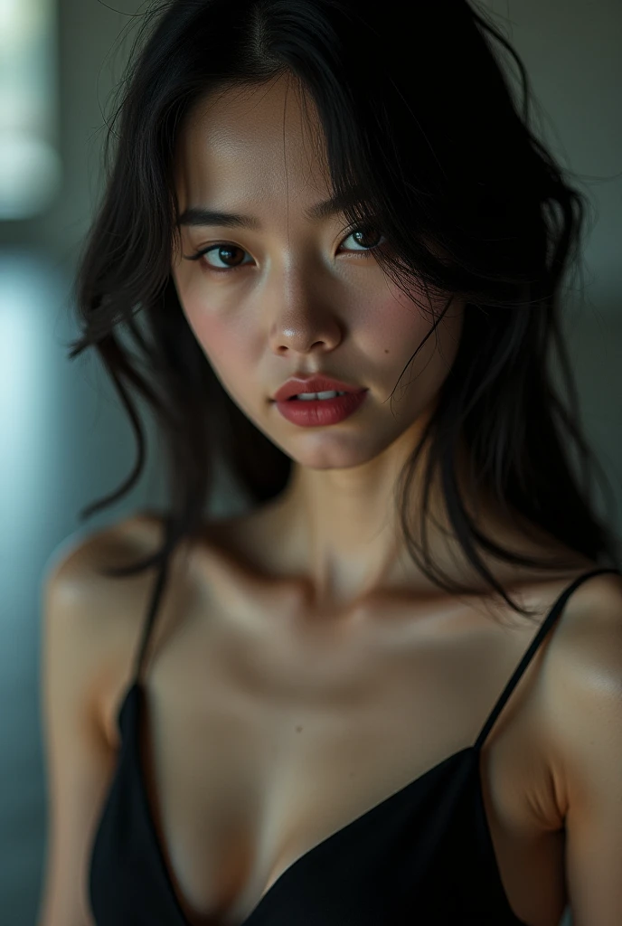 (close-up, editorial photograph of a 21 year old woman), (highly detailed face:1.4) (smile:0.7) (background inside dark, moody, private study:1.3) POV, by lee jeffries, nikon d850, film stock photograph ,4 kodak portra 400 ,camera f1.6 lens ,rich colors ,hyper realistic ,lifelike texture, dramatic lighting , cinestill 800, realistic full body, very small white bikini complete in single rope, small breasts, small butts,