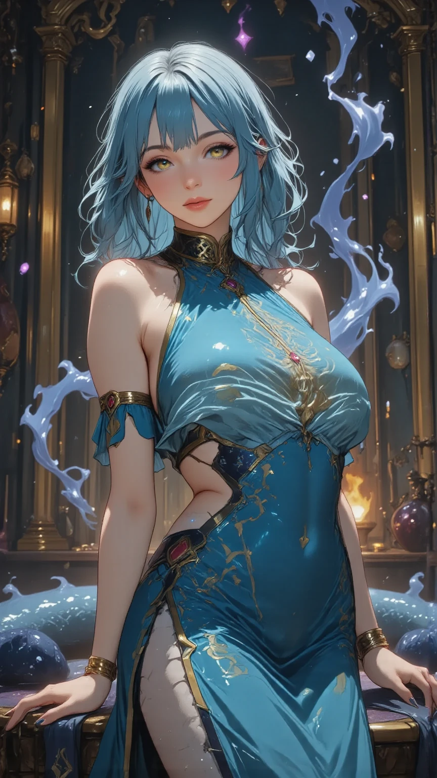 highly detailed ornate gold genie lamp emitting blue smoke, A beautiful female genie is coming out of the smoke