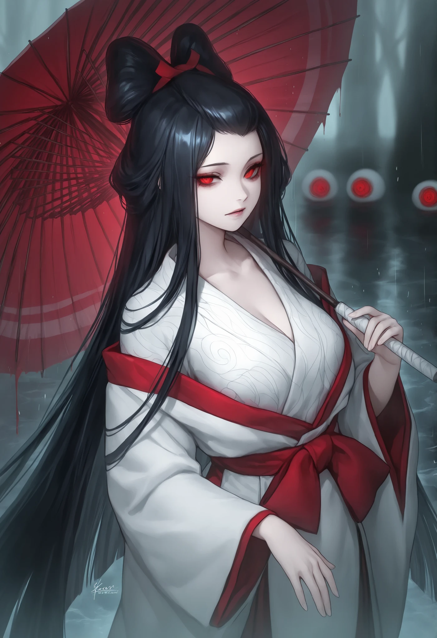 1girl,kasa_obake_geisha, floating_umbrella_ribs, silk_thread_hair, spinning_in_rain, haunted_teahouse
,masterpiece, best quality, newest, highres, absurdres,