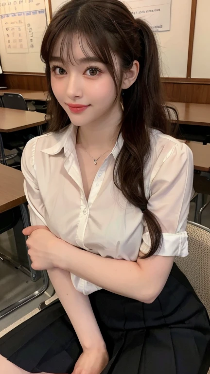 Woman in Alafe sitting at a table for lunch, jaeyeon nam, Jinyoung Shin, ulzzangs, 8K)), sakimichan, clear lips and high quality, with black, With brown hair, Choi Hong Hwa, cute - fine - face, beautiful image, With short hair, 8 K ), With long hair