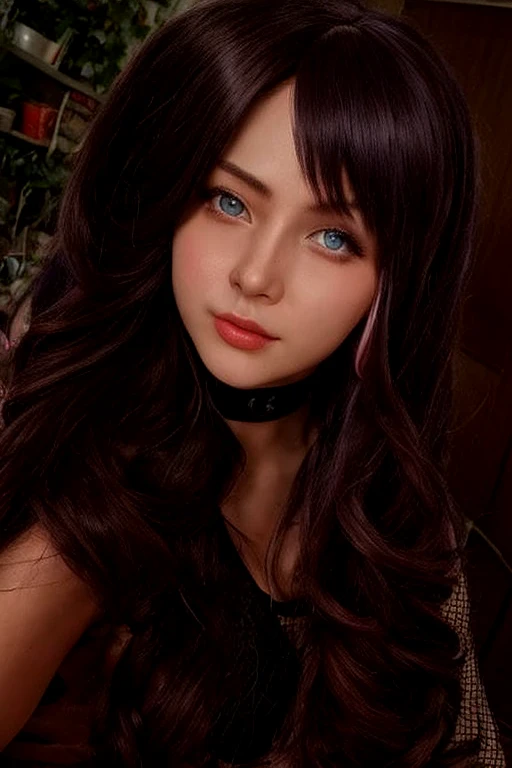 Masterpiece, Best Quality, gothic girl, clavicle, looking at the viewer stunning blue eyes, white skin eyeliner, perfect detailed 12k, hair with bangs , Beautiful face,Open mouth, to bite, teeth fangs vampire, lipstick negro, voluminous and sensual lips, big and heavy bust