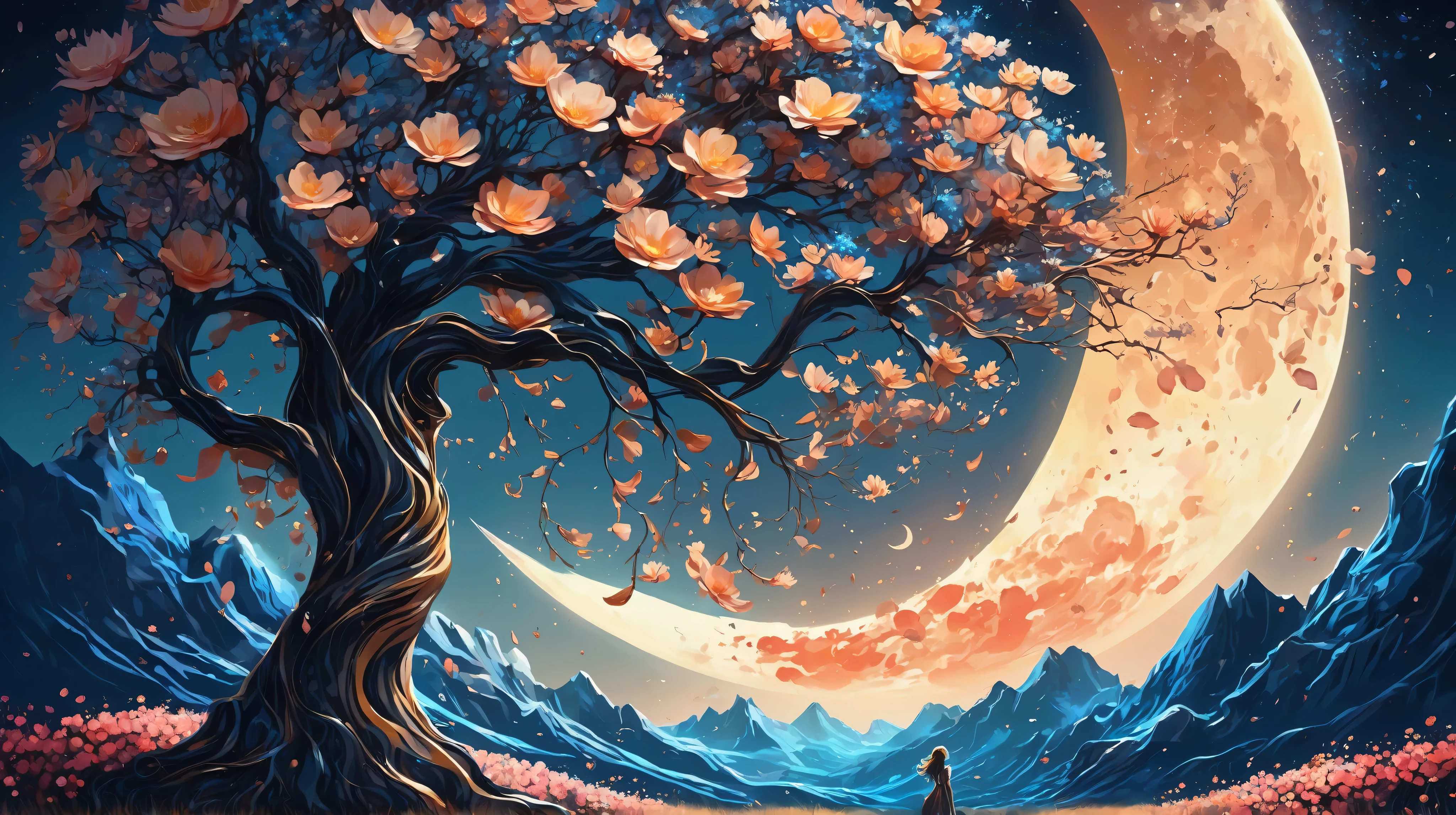 vetor arte, surreal, a field of flowers, in the distance an old tree, mountains, textures, it appears as a shadow, In front of the majestic crescent Moon, The wind causes flower petals to fly, giving a mystical air to the scene, In the foreground, The Shadow of a Girl, watches the scene in wonder, Her hair flies with the wind , and are confused with flower petals. Golden palette, marine blue, coral. Atmosphere aetherea, starry sky. and high contrast.