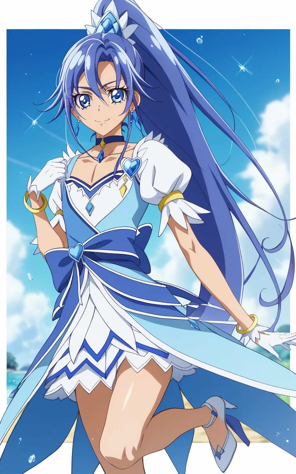 score 9 、score 8 up、score 7 up、source anime、masterpiece、Best Quality、high resolution、anime coloring、1boy、cure diamond、(male:1.olo、Close up of a cartoon boy in a blue dress、 Boy with long blue hair、 With Shining Blue Eyes 、high long ponytail hair、dia shape hair ornament、solo、 Prince of Sapphire 、Anime Prince 、 blue miniskirt、collarbone、white puffy sleeves、white gloves、yellow bracelet 、blue waist bow、Bare legs、bare thighs、white high heels、collarbone、official character art、style of Magic Boy、masculinization、Magic Boy、 Official Fanart、 !!full body portrait!!、 Magic Boyのスタイル、 hymn to the king as prince 、 MLP fan art 、man wearing cure diamond outfit、Detailed Fanart、 magical aura、 high resolution、 commission for high resolution 壁紙!、Boy in a blue dress、white high heelsを履いた男の子、素敵なドレスを着た Anime Boy 、(manly:1.6)、Official Art、 Anime Boy 、 male focus、looking at viewer、solo focus、cowboy shot、(male body:1.6)、