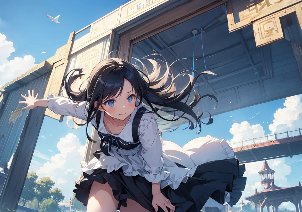 Breasts sticking to a white dress shirt、She lifts her light blue and white checkered skirt with both hands to show off her cute white underwear with ribbons、barefoot、Sandy beach, sea, cumulonimbus clouds and blue sky