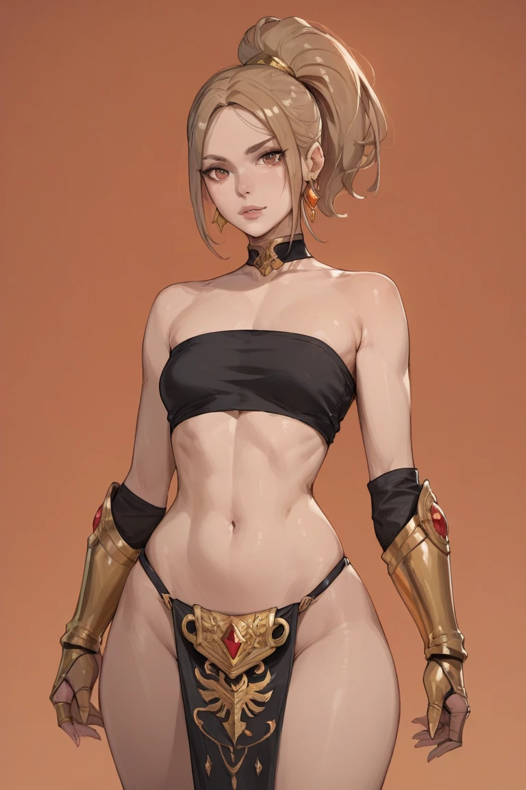 ((1 girl)) full body standing barefoot, gray skin, drow, elf, Madura, Detailed happy face, purple eyes, by white, gold bikini, well defined six pack abs, Large knockers, gold chain necklace, golden bracers, stomach tattoo (red tattoo) flat bottom
