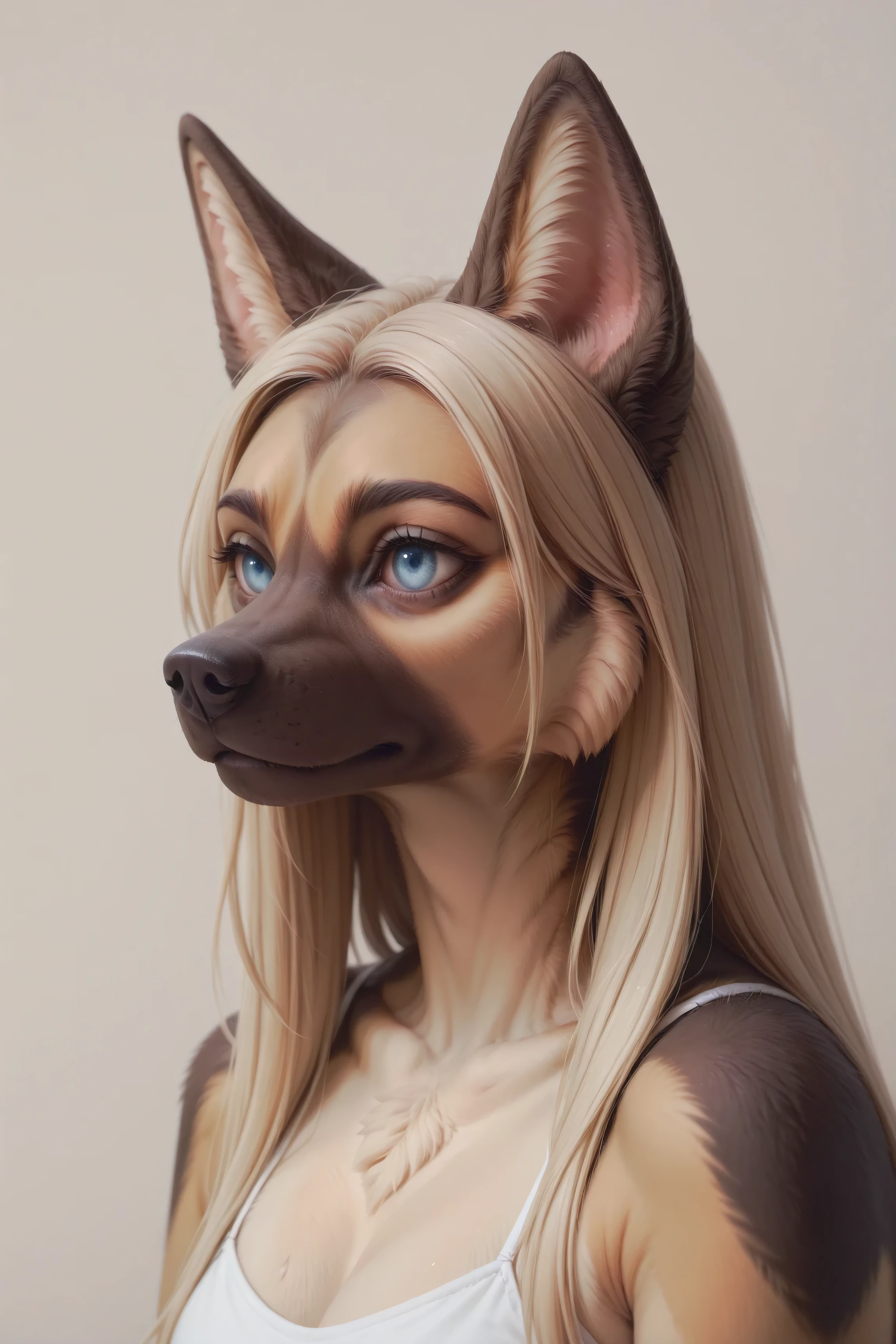 anthro, dog, german shepherd, female, fur, dog ears, light blue eyes, long hair, blonde hair, closed mouth, portrait, simple background