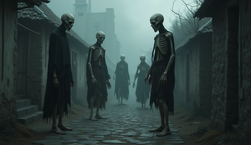 Ten skeletons wearing military uniforms, standing in a ruined town at night. The scene is shrouded in mist, creating a faint and eerie atmosphere.
