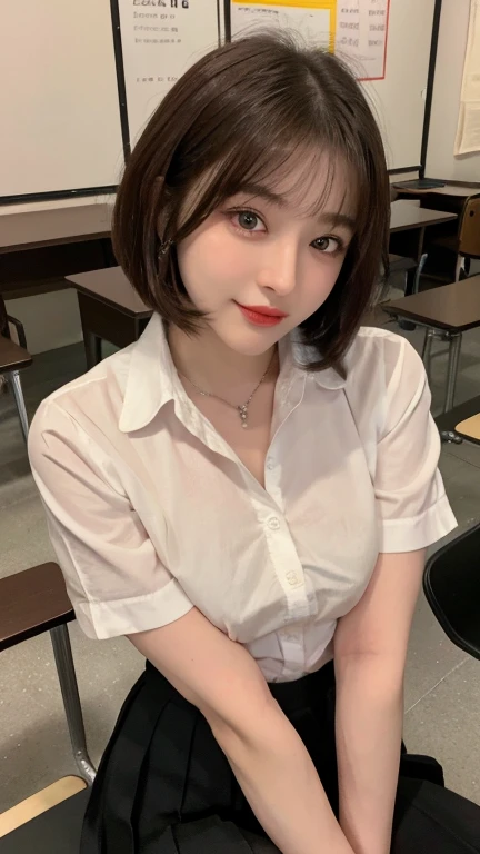 (Natural background), masterpiece, highest quality, shape, Very detailed, finely, High resolution, 8k wallpaper, 完璧なダイナミックな構shape, finelyて美しい目, Big Breasts, Natural color lip, Random pose, smile, ((office)), Beautiful woman, short hair、Full Body Shot, ((working office uniform)), (dark), Thinking Ahead, Sit on a chair