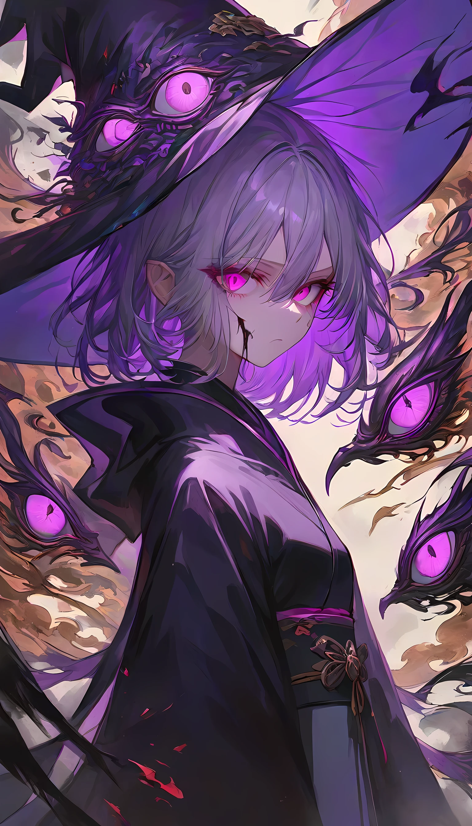(masterpiece, best quality, amazing quality, very aesthetic, absurdres, newest:1), incredibily detailed, Intense posture, Traditional Japanese background, Epic illustrations, Flawless image quality, (black ink painting) , 1girl,solo,solo girl,medium hair , silver hair,(hair between eyes), ((messy hair )) ,big purple witch hat,red eyes ,expressionless,sharp face line,small breasts,petite,((purple witch robe)),(blood on the face ),holding a black flame,(disembodied eye), eldritch abomination, too many eyes